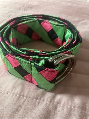 Super preppy green & pink grosgrain ribbon belt M